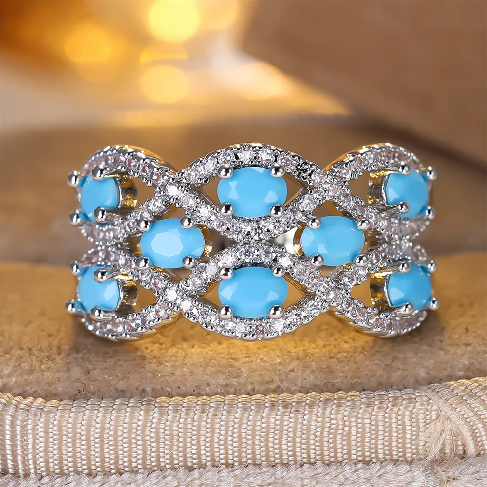 Blue Turquoise Oval Stone White Zircon Infinity Rings For Women Trendy Silver Color Bridal Ring Wedding Jewelry Versatile Gifts