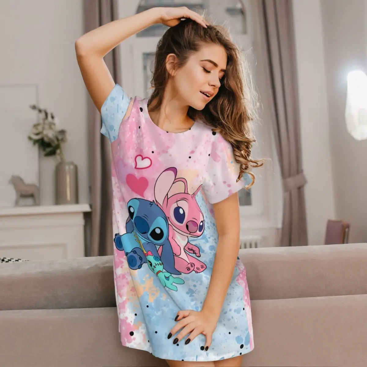 Niestandardowe ściegi w miłości Anime damska koszula nocna z krótkim rękawem koszula nocna na zakupy podróże koszula nocna bielizna nocna z krótkim rękawem