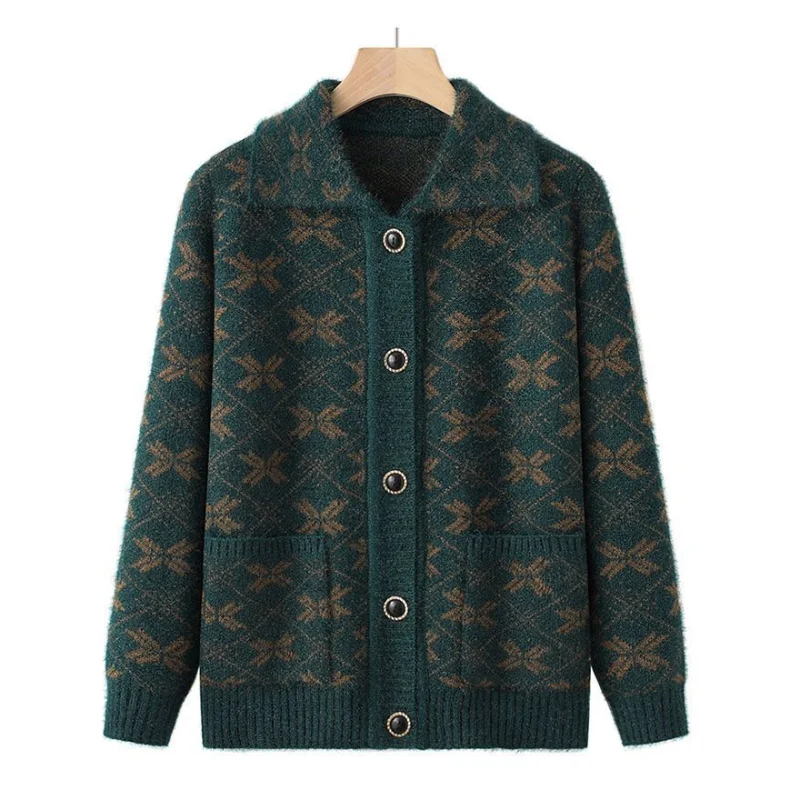 

Women's Button Long Sleeve Geometric Graphic Contrasting Lapel Sweater Cardigan Top