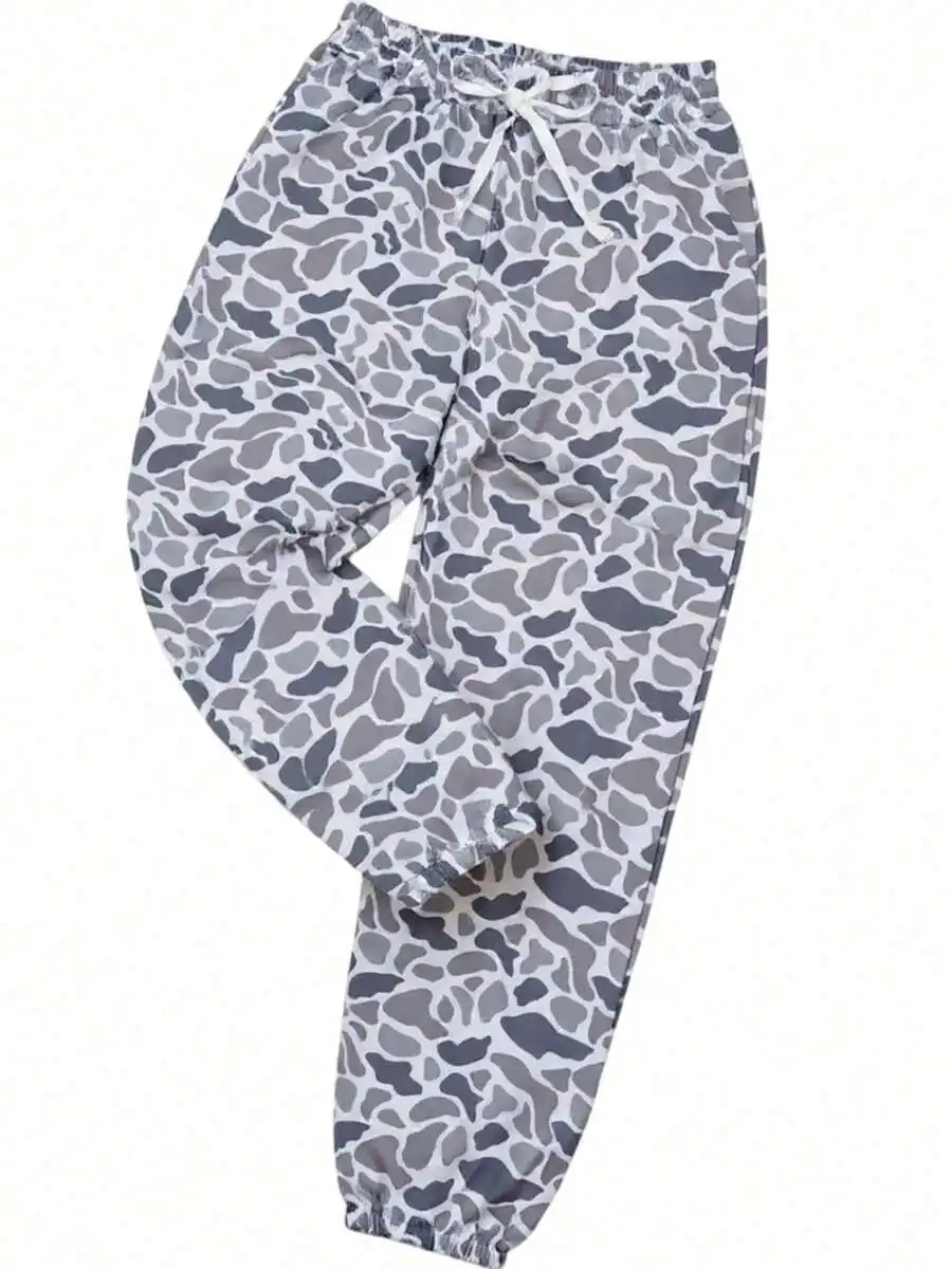 

Gray Abstract Print Jogger Pants with Drawstring Waist and Cuffed Hems