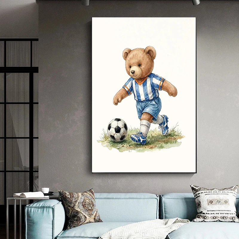 Cute Teddy Bear Sports Nursery Canvas Art Prints Boys Room Decor Football Baseball Basketball Soccer Hockey Tennis Badminton