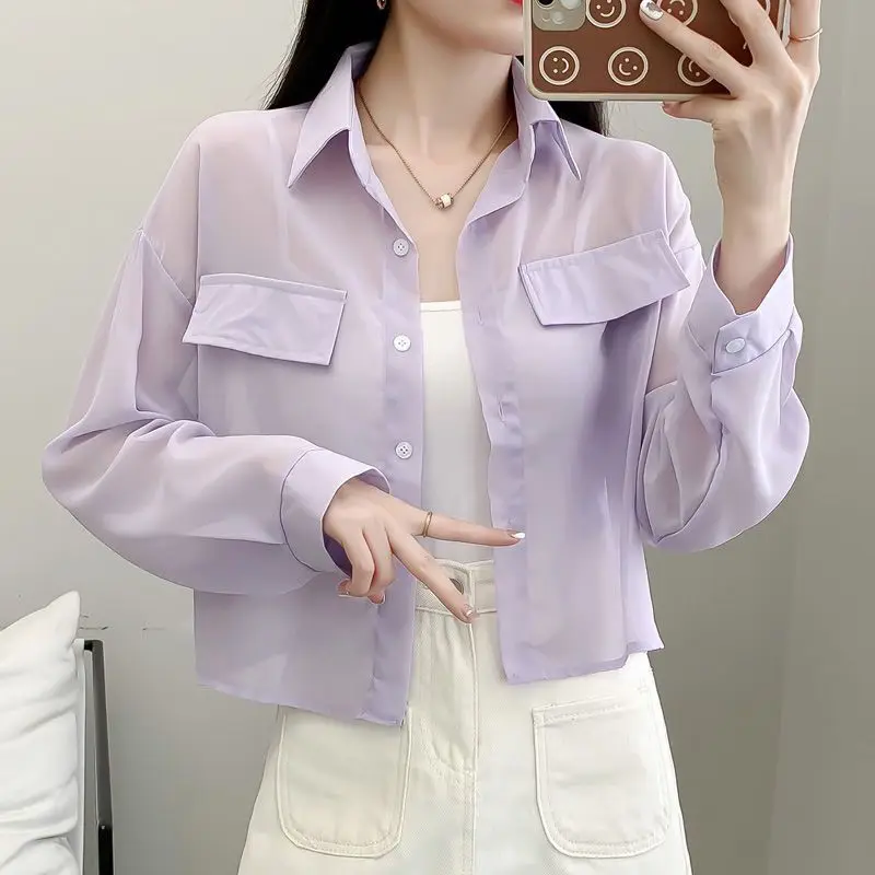 Women Turn-Down Collar Long Sleeve Thin Shirts, Loose Top, Monochromatic, Casual Clothing, All-Match, Simplicity, Summer Fashion