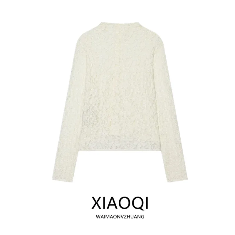 Women's Long Sleeve Stand Collar Semi-Transparent Lace Button up Top New Arrival Early Autumn 2026 Slim Fit Commute Style