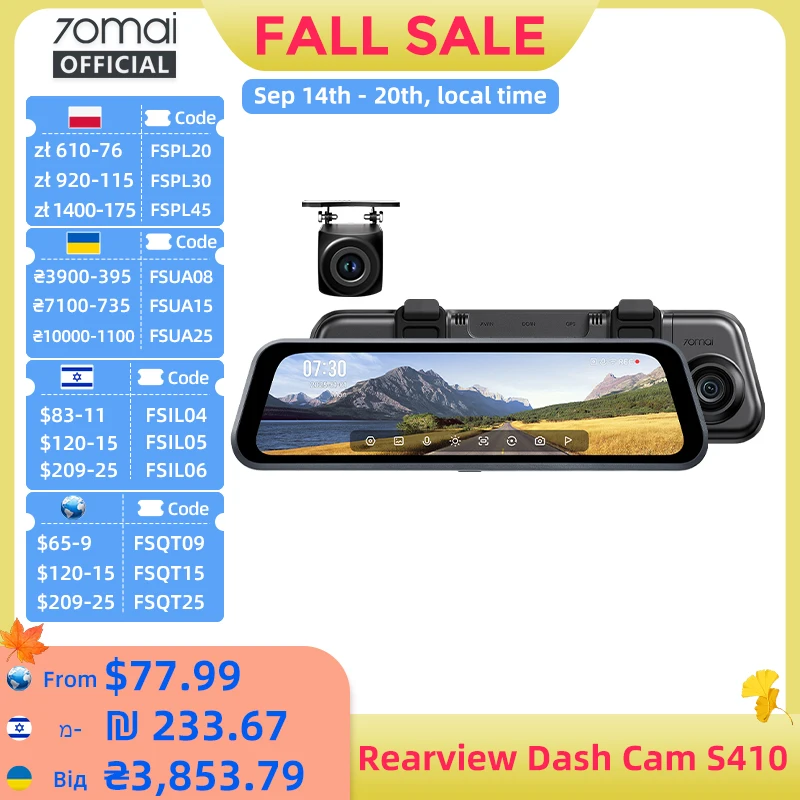 70mai Dash Cam S410 Touch Screen Full View 1944P External GPS 24H Parking Monitor Front and Backyup Car DVR Mirror 70mai S410
