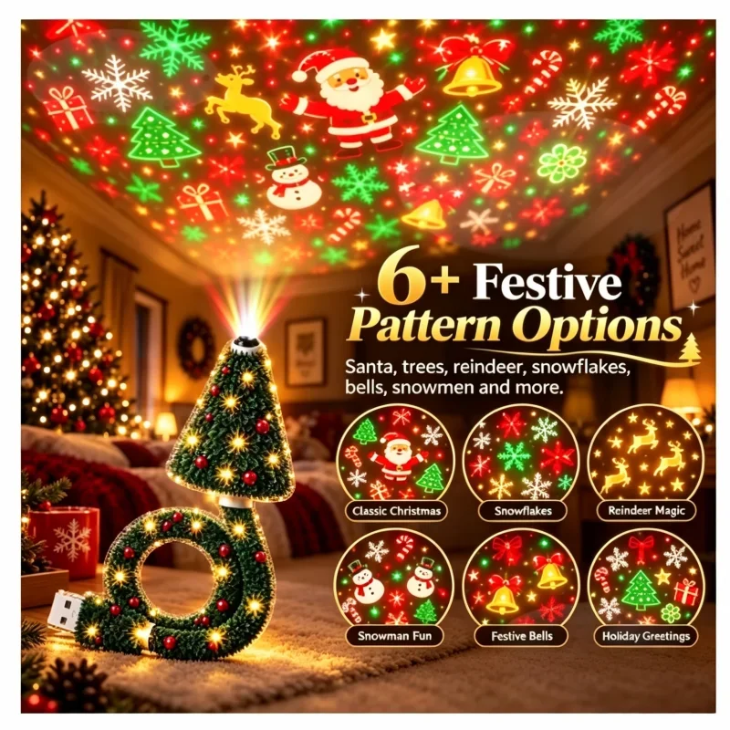 New 2026 Christmas Projector Light USB Christmas Night Light with 6+ Holiday Patterns Tree Lamp for Home Party New Year Gift