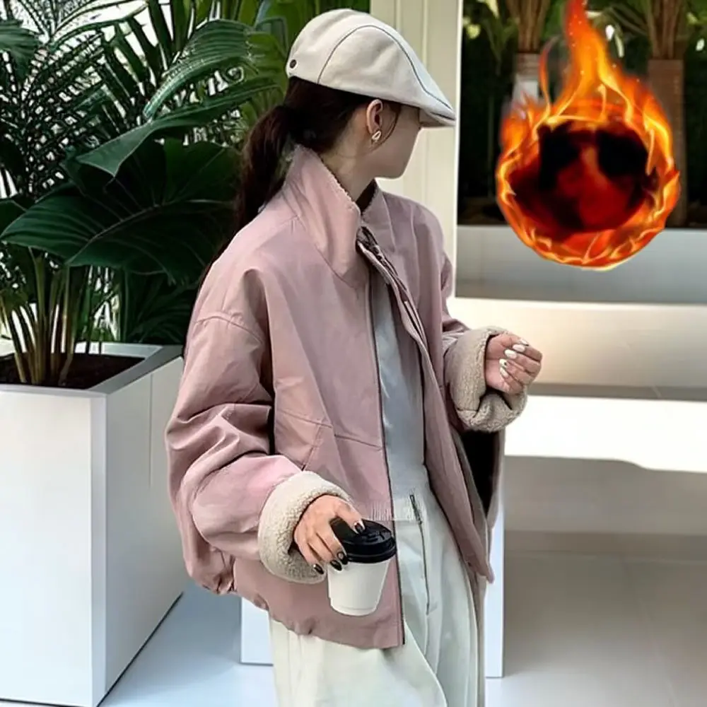 Womens Short Parka Coat Winter Lamb Wool Lining Thick Warm Loose Fit Casual Stand Collar Fashion Zipper Jacket 2
