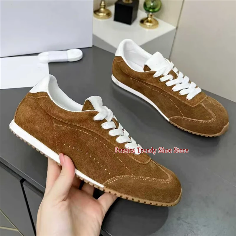 Men's Suede Flat Casual Shoes Summer Versatile Round Toe Lace-Up Soft Soled Sports Shoes Comfortable Breathable Training Shoes