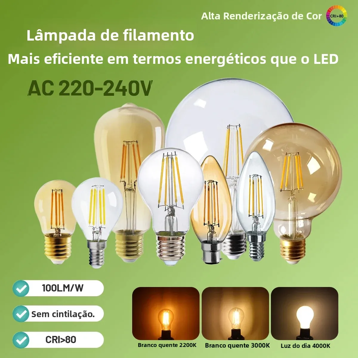 2 Lâmpadas Vintage Edison 220V E27 E14 B22 Base Retro Incandescente Filamento A60 G45 ST64 G80 G95 Antiga Lâmpada de Filamento