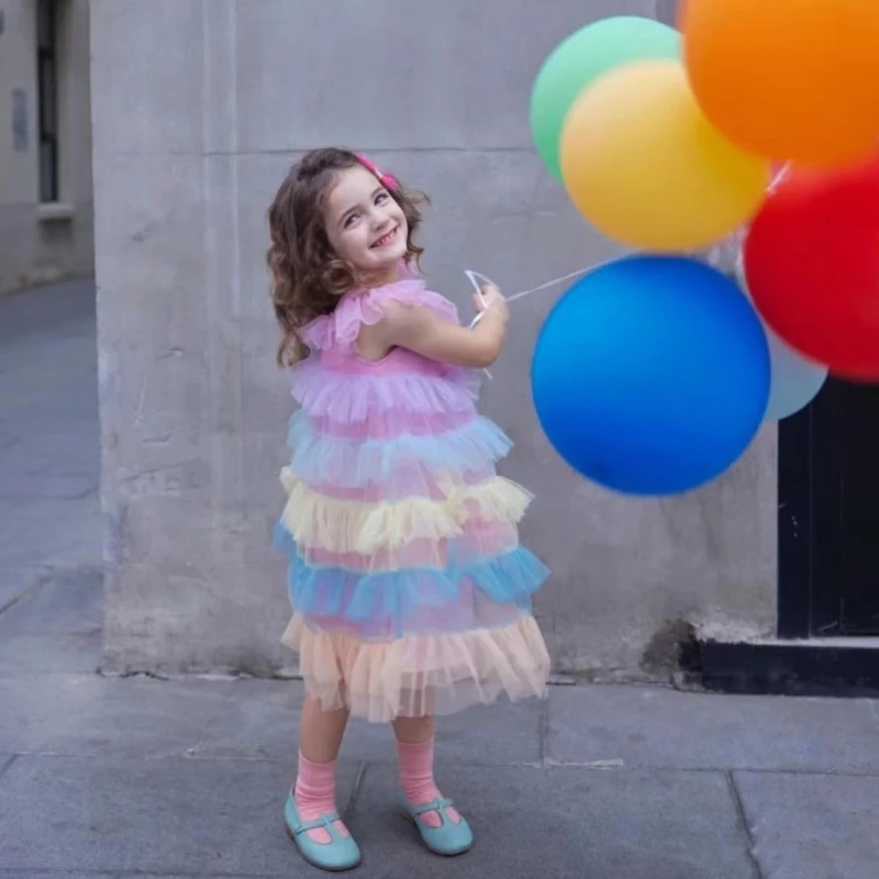 

Young Girl Kids Holiday Korean Baby 6 8 to 10 12 13 Year Old Princess Party Dresses Rainbow Pink Dress Sundress Children Clothes