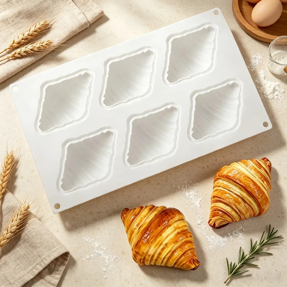 Croissant-Design 6-Zellen-Silikonform für Schokoladenkuchen, Lebensmittelqualität, Mousse-Kuchenform, Küchen-Dessert-Backform, DIY-Seifenform