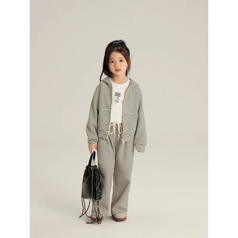 Children's Striped Suit2024Autumn Girls' Western Style Hooded Jacket+All-Match Baggy Straight Trousers2Set