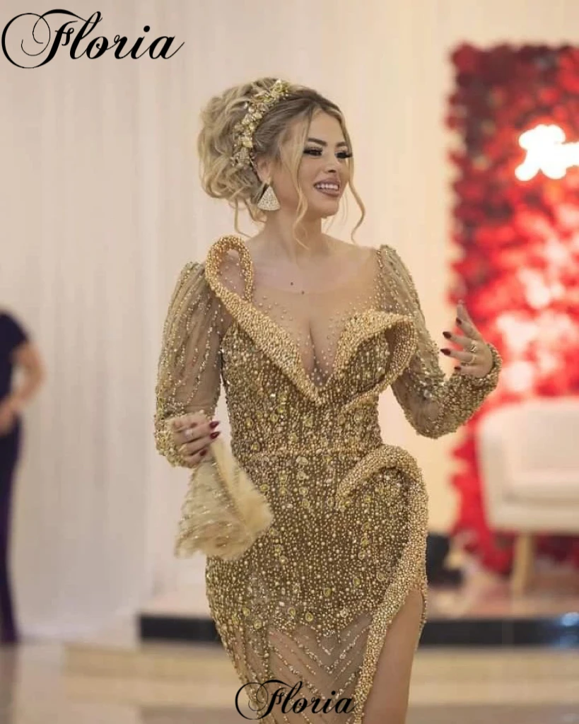 Long Sleeves Gold Prom Dresses With Side Slit Beaded Evening Dresses Plus Size Crystals Wedding Guests Dresses Vestidos De Noche