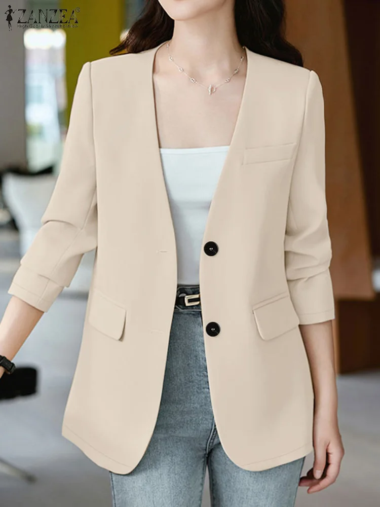 ZANZEA-Blazer de trabajo para mujer, chaqueta fina de manga larga con cuello en V, color liso, estilo informal, a la moda, para otoño, 2024