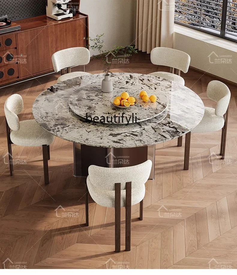 

D80 Medieval style round luxury stone turntable dining table advanced sense household living room dining table can be customize