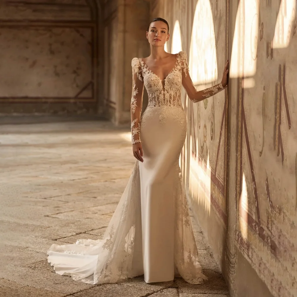 

Customized Sexy Button Wedding Dresses V-neck For Women Charming Long Sleeve Lace Applique Bridal Gown Vestidos De Novia