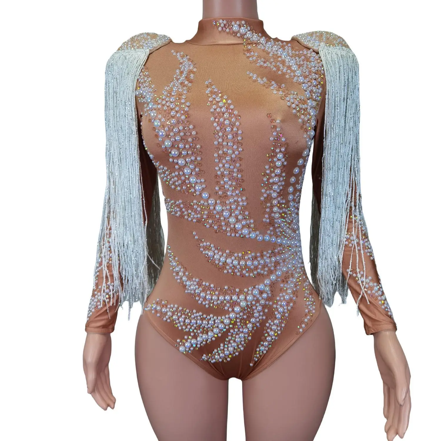 Kostiumy dla tancerki na rurze w klubie nocnym, białe frędzle, perły, jednoczęściowe body, strój dla piosenkarki na imprezę, studniówkę, występ sceniczny, Jianzhang