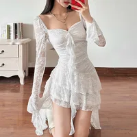 Goth Dark Fairycore Lace Flare Sleeve Square Neck A-line Dress Sweet E-girl Irregular Long Hem Dresses Cyber Y2K Party Vestido - Image 2