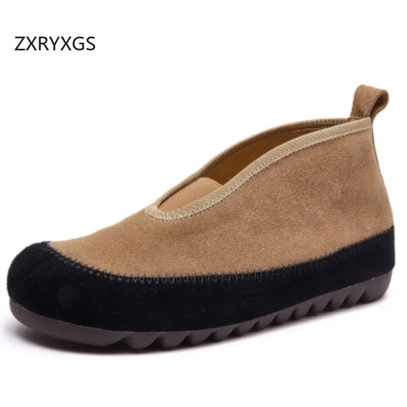 ZXRYXGS Classic Retro Frosted Cowhide Full Real Leather Shoes Flat Shoes 2026 Spell Colors Deep Mouth Trendy Shoes Women's Flats