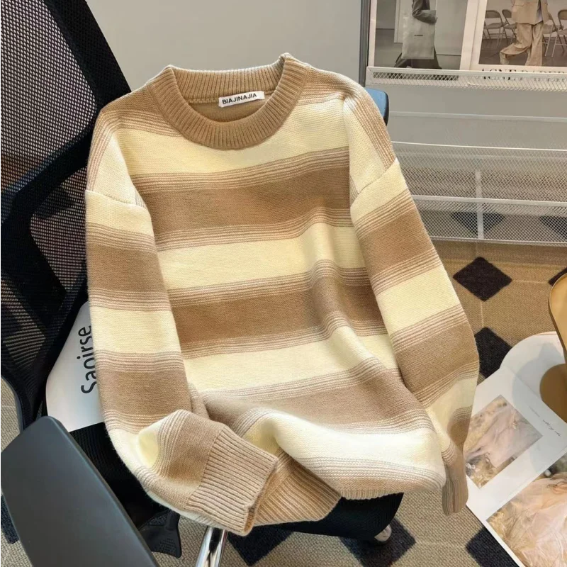 

Women Khaki Knitting Clothing Vintage Sweater Blue Long Sleeve Casual Korean Fashion Contrasting Colors Baggy Female Winter Tops