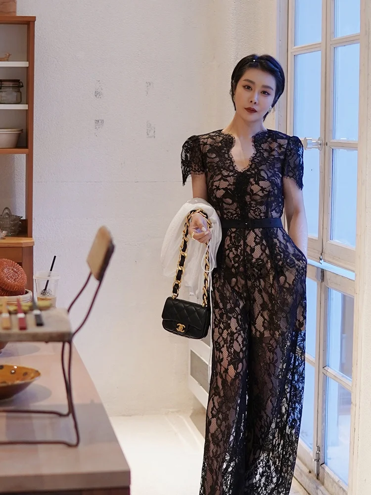 

Ele Gold Lace Trim Wide Leg Jumpsuit Women's Spring Color Hollow Design ort Sve Long Pants Suit