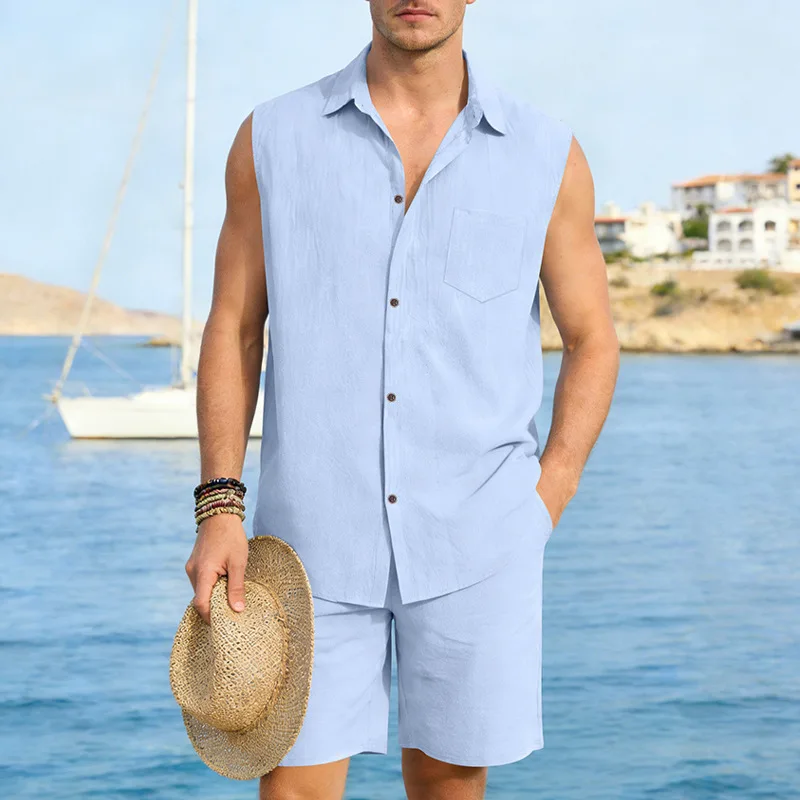 2026 Cross-border European and American men's clothing summer linen suit beach Hawaiian lapel sleeveless shirt shorts suit men