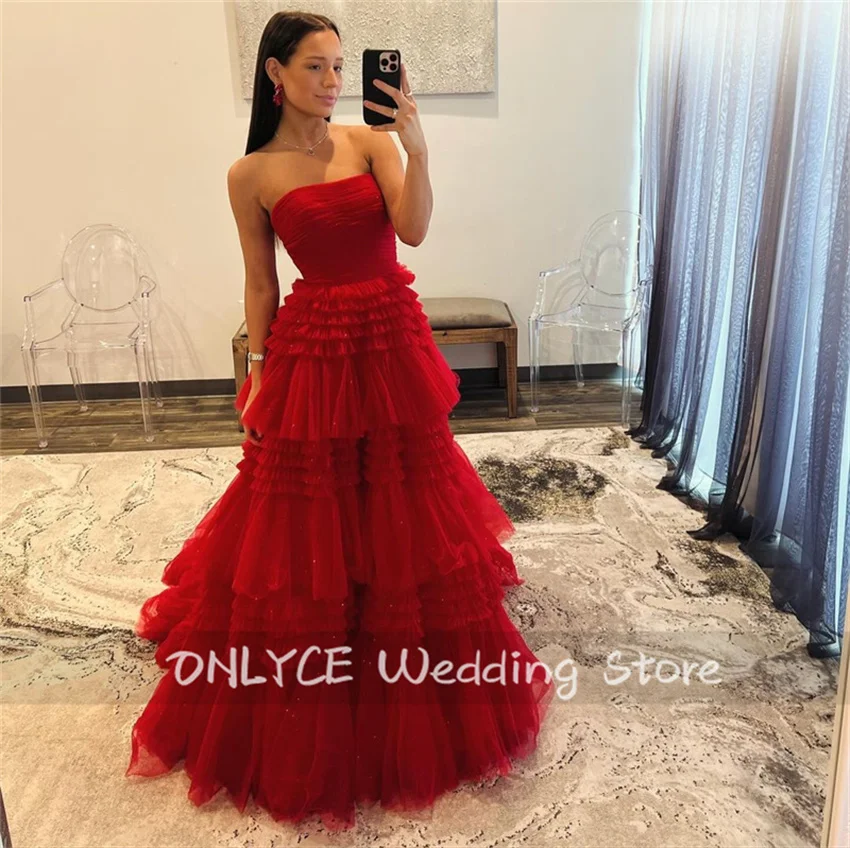 Desain baru gaun Prom merah berjenjang gaun malam pesta ulang tahun Arab Saudi A-Line Ruched Tulle Pleat Ruched