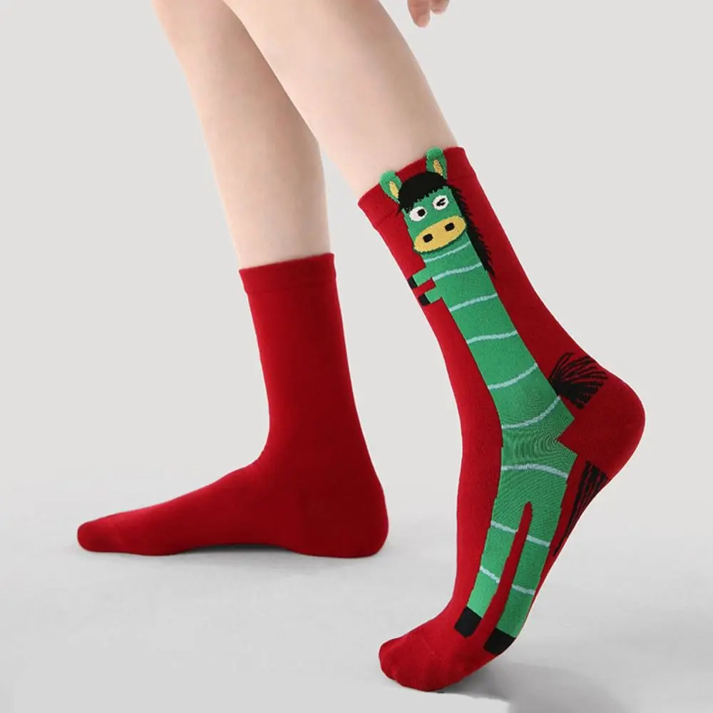 

3Pairs Winter Autumn New Year Tube Socks Cartoon Comfortable Year of The Horse Socks Mid Calf Good Luck Zodiac Year Socks Gift