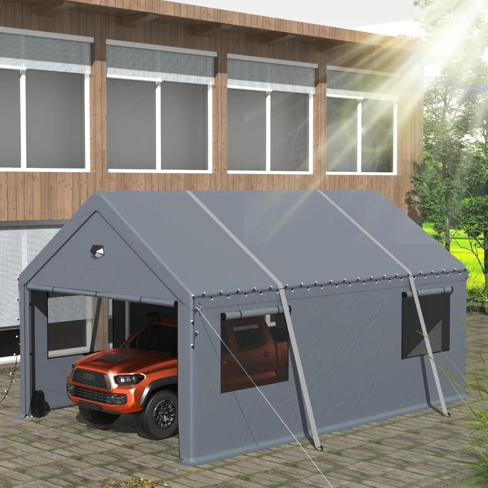 10x16FT Carport Canopy with Roll-up Windows & All-Season Tarp Cover，Removable Roof & Side Walls for Car，Boats&Truck，Tent Garage