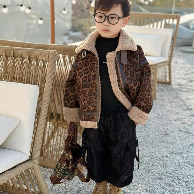 

Boys Girls Fleece-Lined Coats 2025 Autumn Winter Warm Thick Childrens Clothing Faux Fur-Lined Leopard Leather Jackets Coats