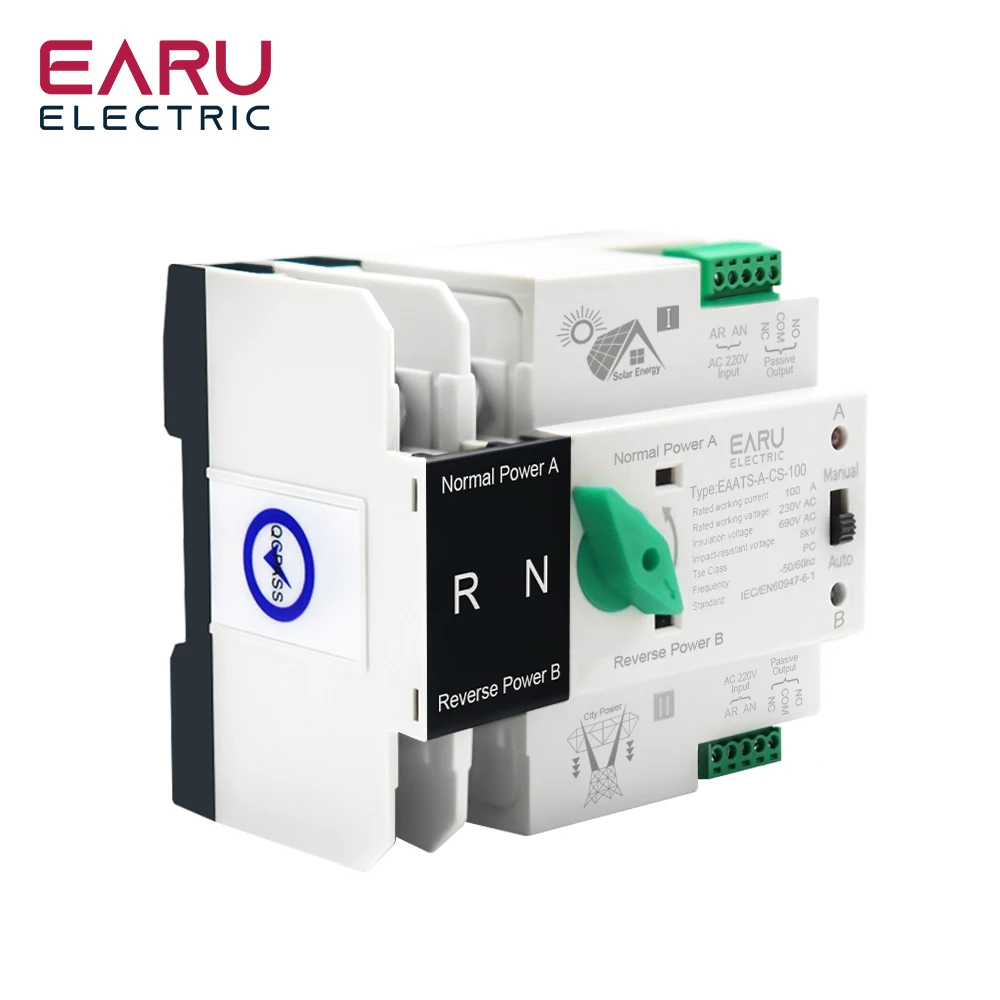 2P 4P Din Rail ATS for PV and Inverter Dual Power Automatic Transfer Selector Switches Uninterrupted 100A 220V 110V