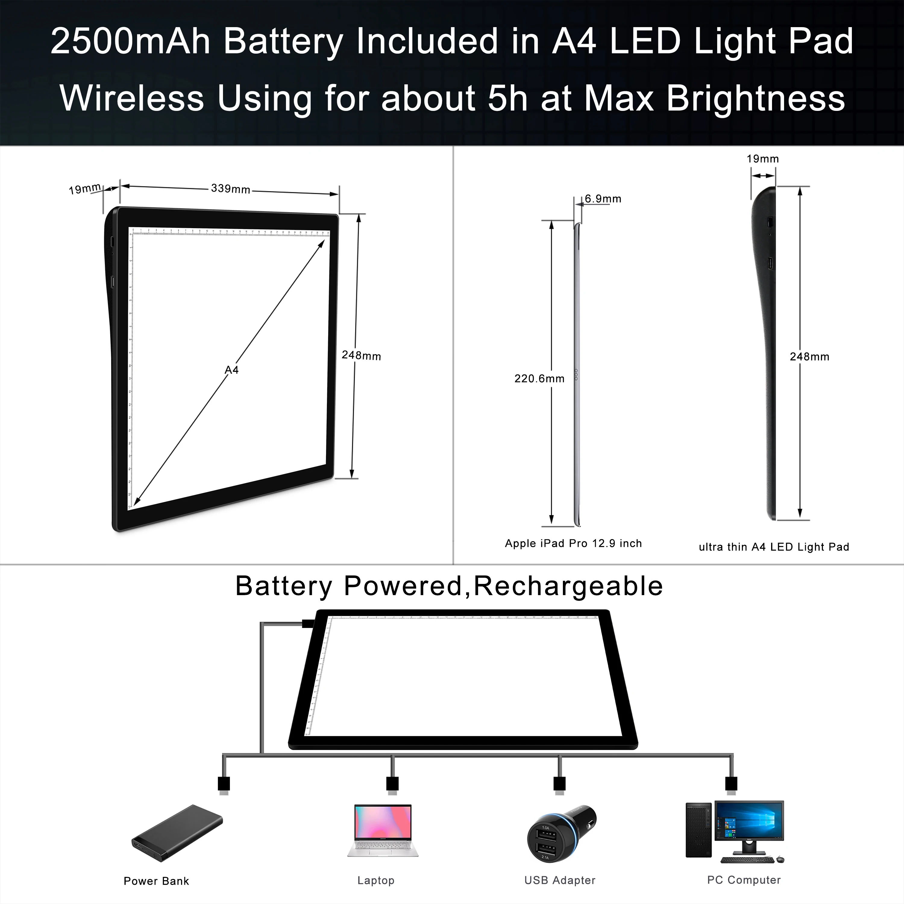 A4 Rechargeable Wireless Battery Powered LED Light Pad Artcraft Tracing Pad Light Board for Artists Drawing  X-ray Viewing