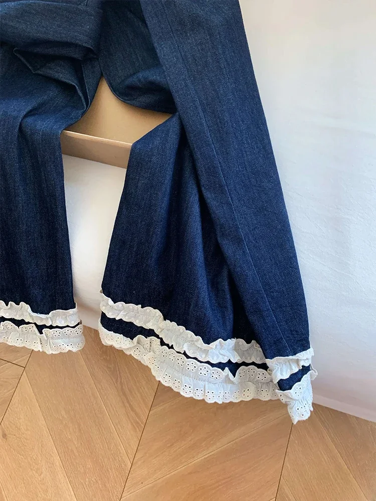 عميق الأزرق الدانتيل المرقعة واسعة الساق الجينز مرونة الخصر فضفاضة عادية مستقيم السراويل الربيع الصيف الكورية نمط الدنيم السراويل