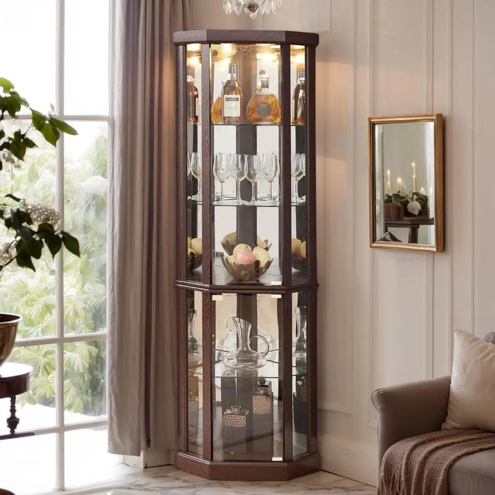 

70 Inch Illuminated Glass Curio Cabinet with 5 Adjustable Shelves for Wine, Liquor, and Display in Cherry Finish