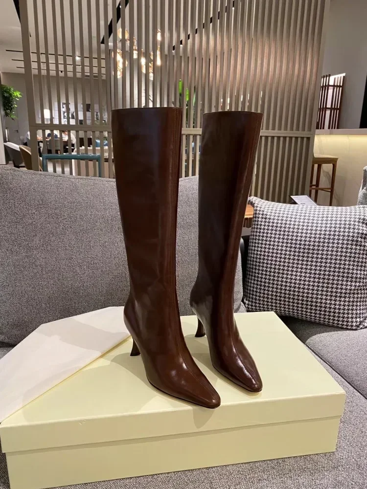 Bottes hautes pointues à talons hauts pour femmes, bottes en cuir à la mode et Sexy, bottes mi-longues de chevalier, nouvelle collection automne et hiver