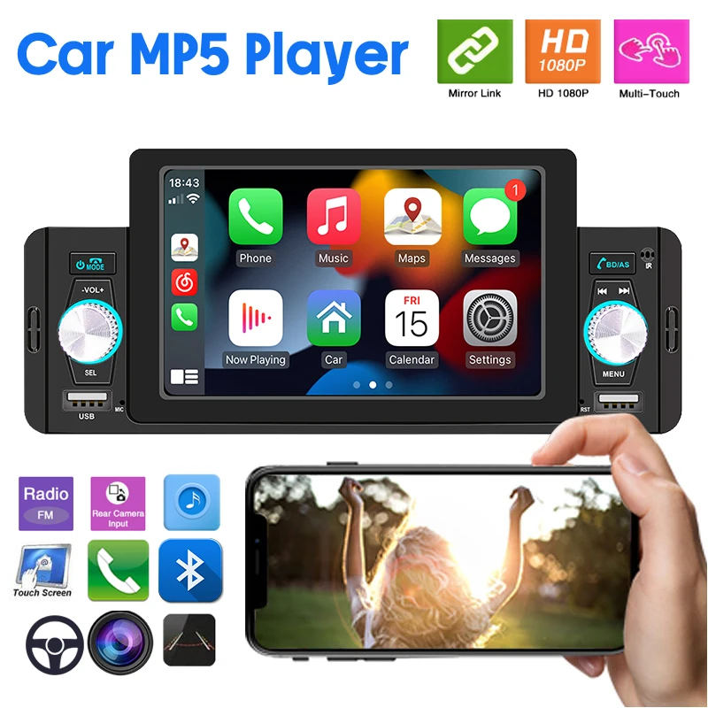 Single‑DIN 5'' IPS Touch MP5 Car Radio Built‑in Carplay Android Auto Bluetooth Hands‑free MMC USB FM Stereo Audio Player