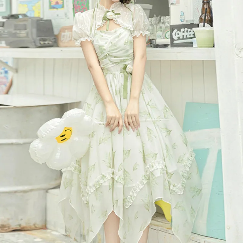 2025 新しい夏のレディーススウィートエレガンスロリータノースリーブキャミソールドレス + ファッション女性かわいい半袖ショールトップス 2 点セット