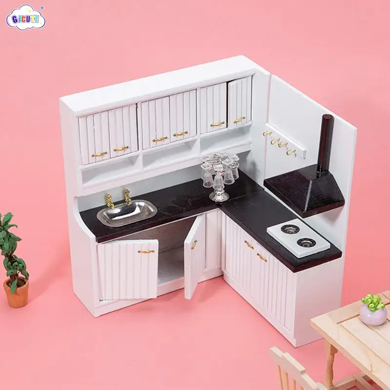 1: 12 Scale Dollhouse Miniatures Kitchen Console Furniture Set DIY Household Mini White Cooking Table Two-piece Model Decor