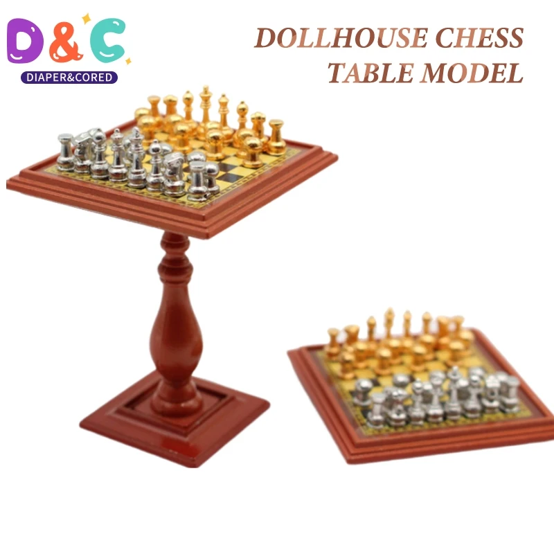 1Set 1:12 Dollhouse Miniature Alloy International Chess Set Checkerboard Chess Table Set Soldier Scene Model Home Decor Kids Toy