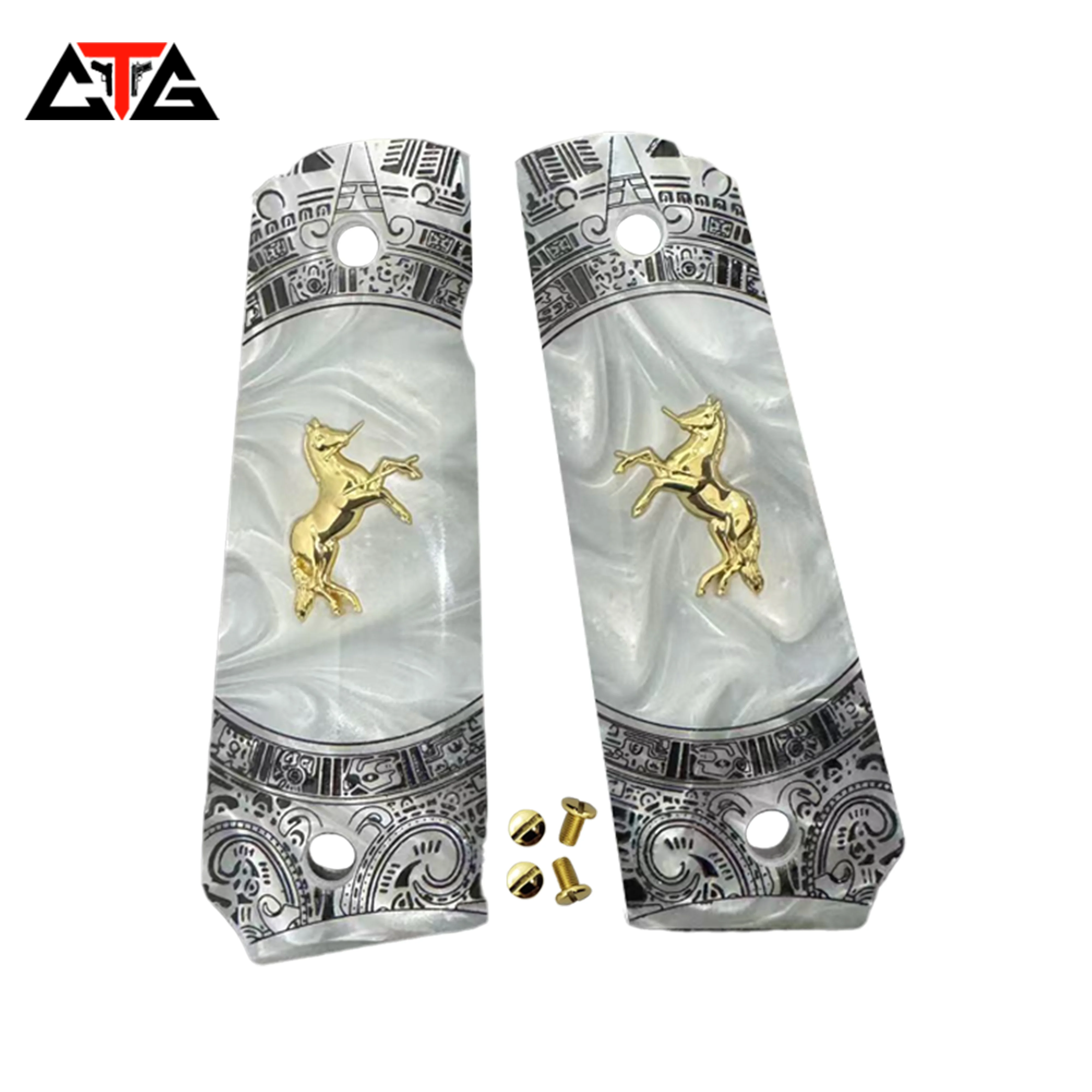CTG 1911 Grips COLT Springfield Pearl Aztec Motif Gold Horse Medallion With Gold Screws
