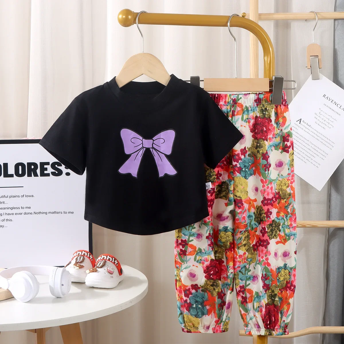 New 2025 Girls Summer Fashion Two-piece Set Short Sleeve O-neck Cartoon Bowknot T-shirt + Floral Pants Kids Casual Clothing
