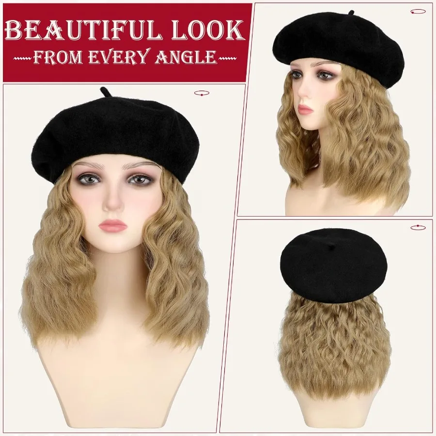 قبعة كلاسيكية قابلة للتمدد من الصوف الفرنسي الصلب مع وصلات شعر صناعية قصيرة مجعدة مرفقة للنساء أشقر رمادي
