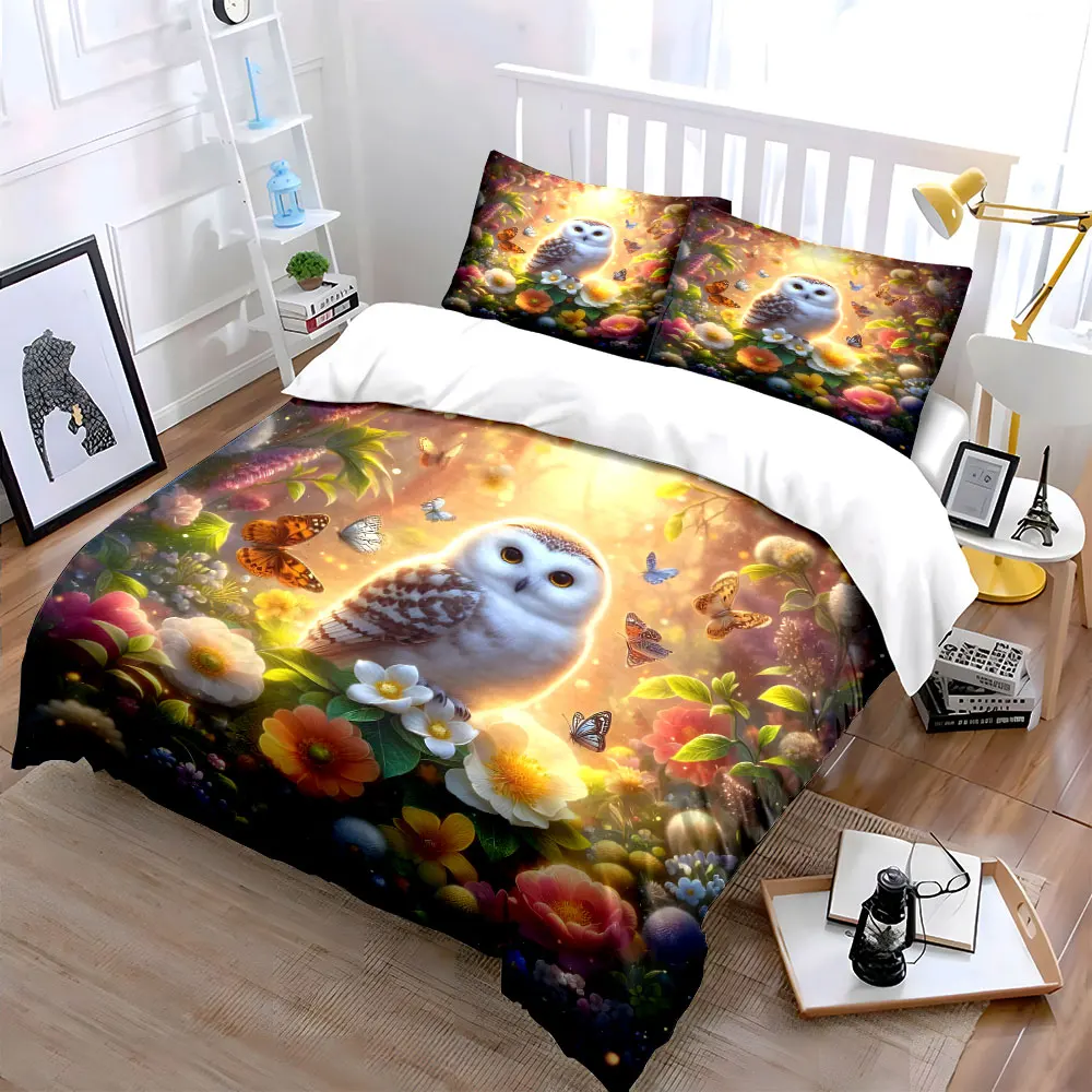 White Owl in Fantasy Garden Duvet Cover Set with 3D Printing Design Soft Polyester Bedding Set All-Season Comfort for gifts