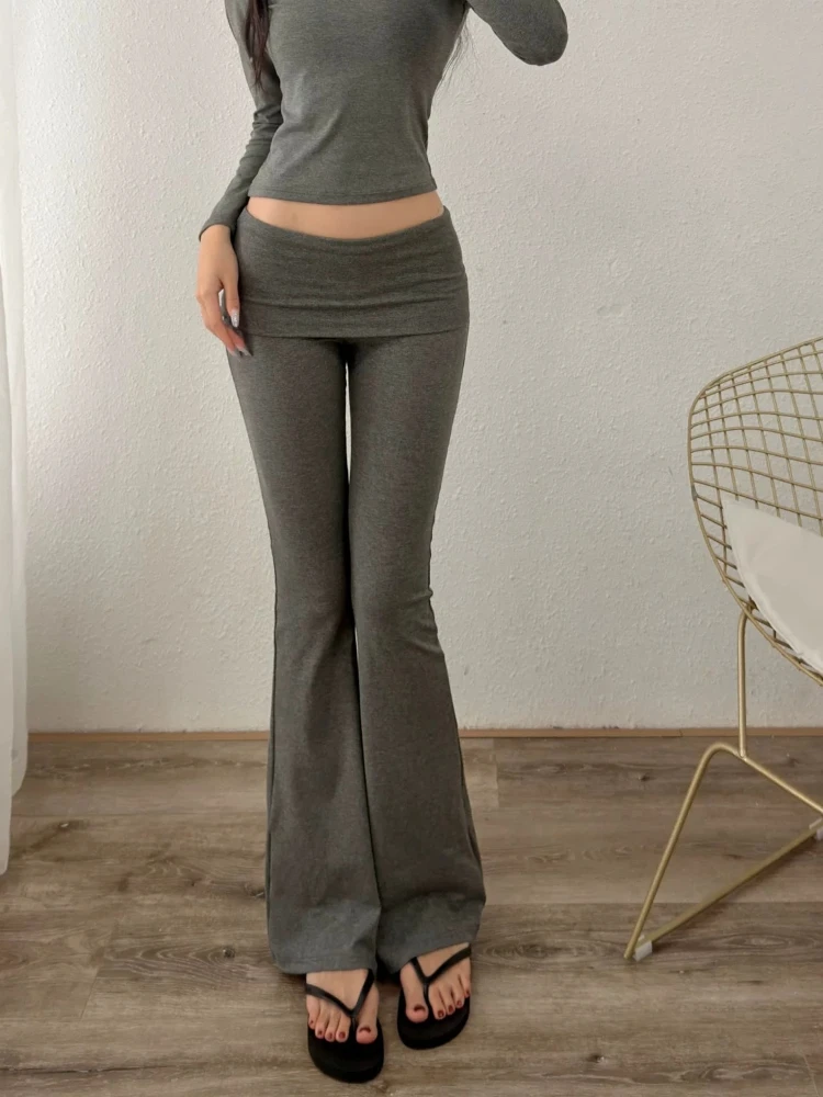 Flare Pants Spring New Sexy Amazing Slim Fit Look Low Waist Two Piece Outfit Crew Neck Long Sleeve Sportswear Fitness Set