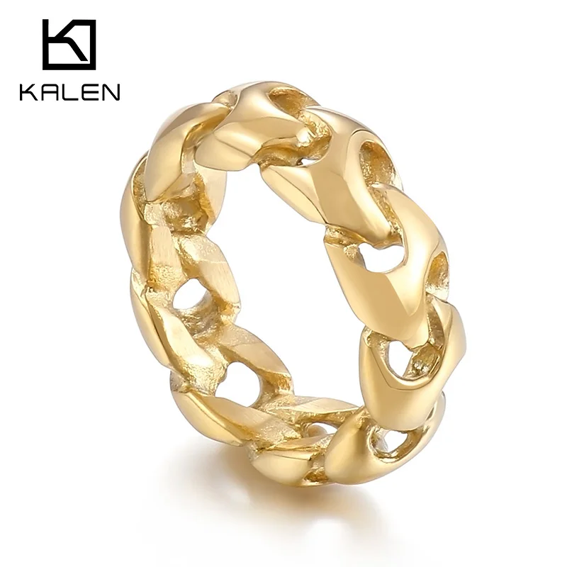 

KALEN Men's Hip Hop Cuba Chain Charm Ring Gold Color Anillos Stainless Steel Party Jewelry Gift Thick Finger Rings Size 8 to 12