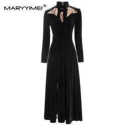 MARYYIMEI New Fashion Runway Designer Women's Stand Up Collar Long Sleeved Bowtie Lace Patchwork Black Retro Dress