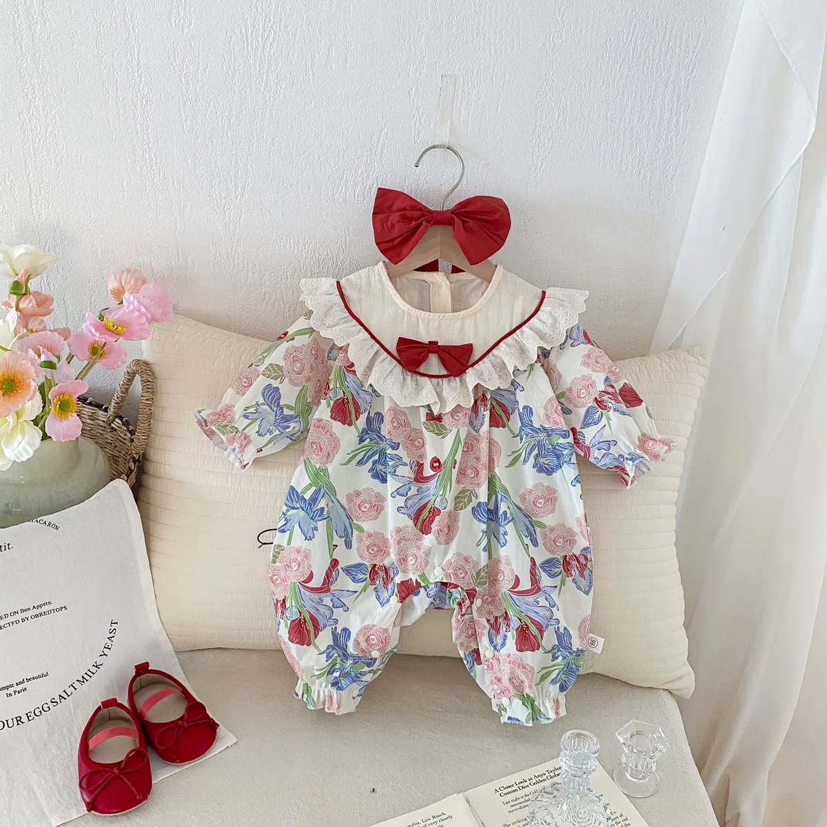 New Spring Collection for Newborns: Full Print Floral jumpsuit for infants and young children. Spring outfit with sweet hairband