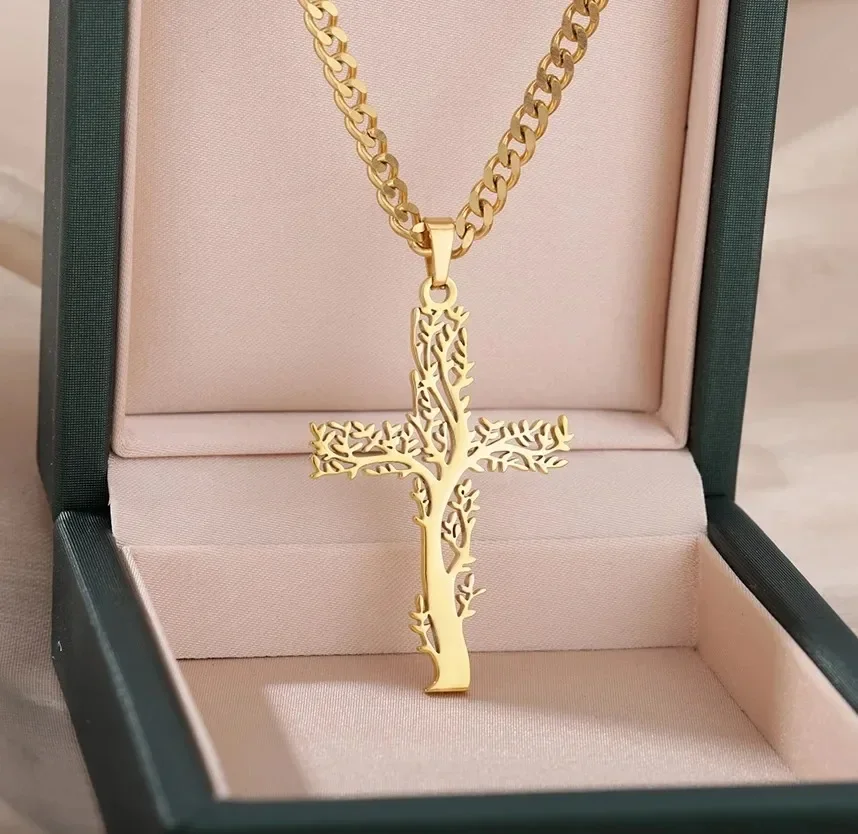 Collar de cruz de árbol cristiano de acero inoxidable para mujeres y hombres, collares con colgante, joyería religiosa Retro, regalo, bisutería de nuevo diseño