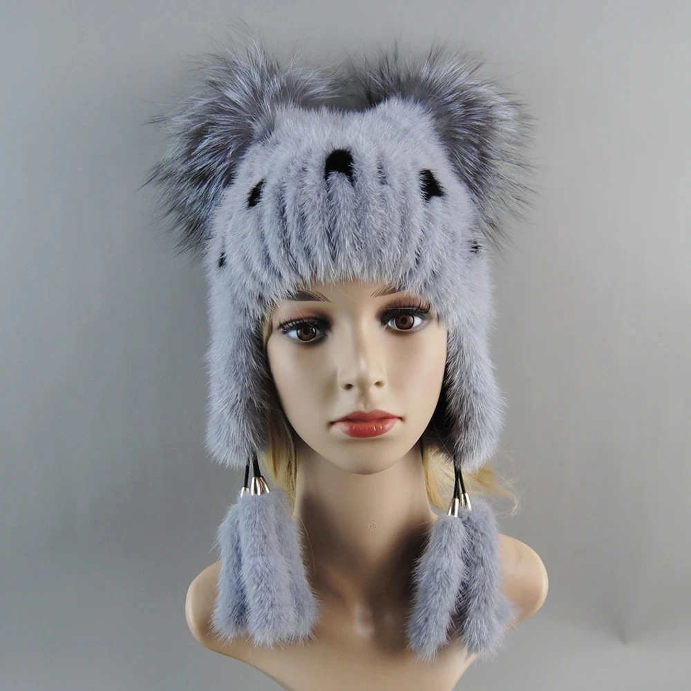 2024 New Style Women Real Fur Knitted Beanie Hats Real Mink Fur Hats For Women Natural Mink Fur Tails Earflap Winter Bomber Hat