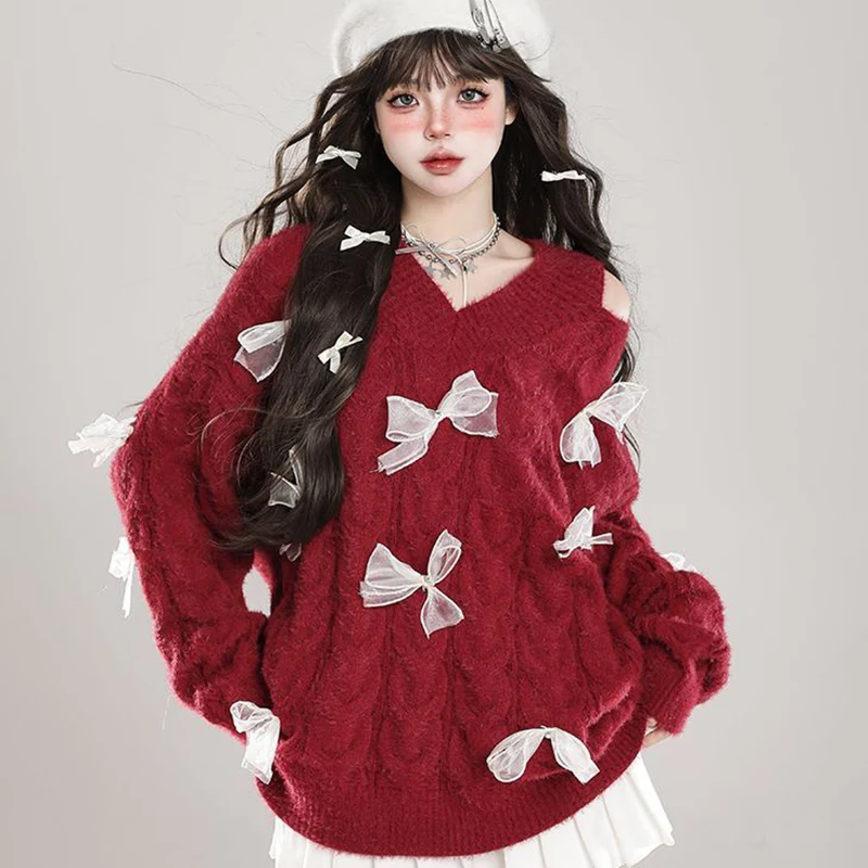 

Autumn/Winter New Christmas Butterfly Dew High Quality Shoulder V-neck Knitted Sweater Fashion Casual Loose Popular Women's Top