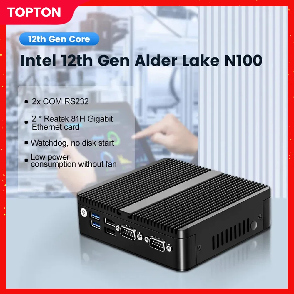 

Topton 12th Gen Fanless Mini PC Alder Lake N100 Quad Core Dual LAN 2*COM DDR4 NVMe Windows 11 3x4K UHD HTPC Industrial Computer